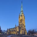 Illuminated facade of St James Cathedral in Toronto
