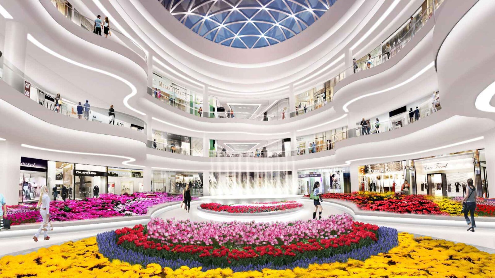 An interior court at American Dream showing a water feature and extensive floral display