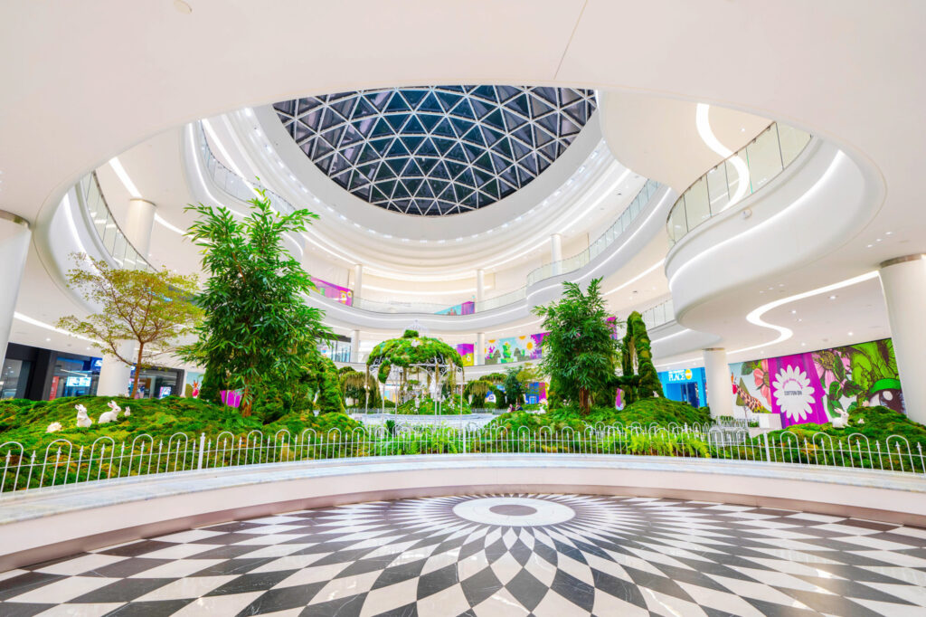 An interior court at American Dream showing a large skylighting and plantings